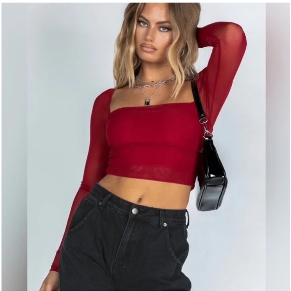 Red Sheer Long Sleeve Crop Top
